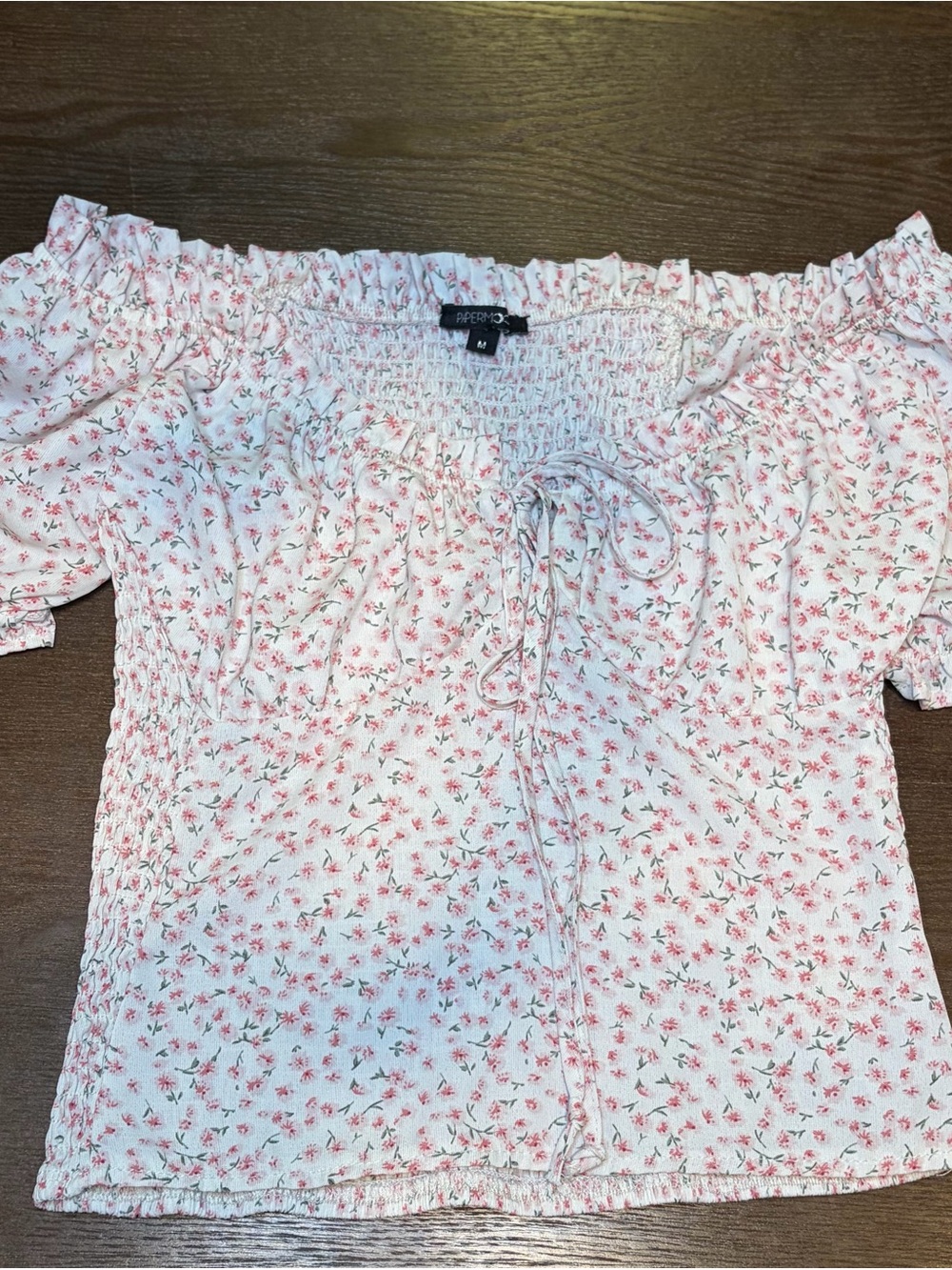 White Off-Shoulder Floral Tie-Front Top - Pink Flower Print